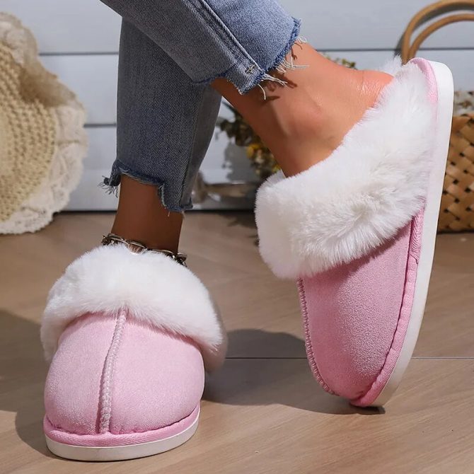 2023 Winter Warm Fluffy Fur Slippers Women Thicken Plush Indoor Couple Cotton Slippers Faux Suede Non-Slip Flat Home Furry Shoes
