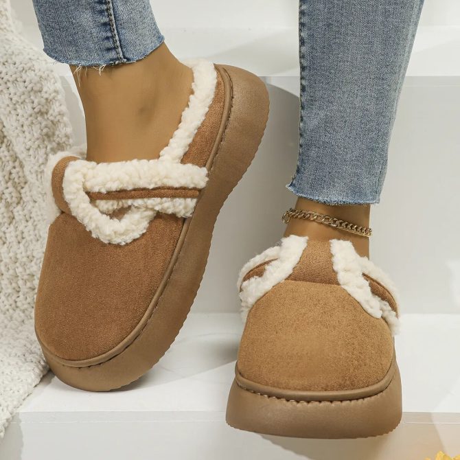 Keep Warm Lamb Wool Home Slippers Women Thicken Plush Platform Winter Shoes Woman Faux Suede Closed Toe Indoor Cotton Slippers - Image 2