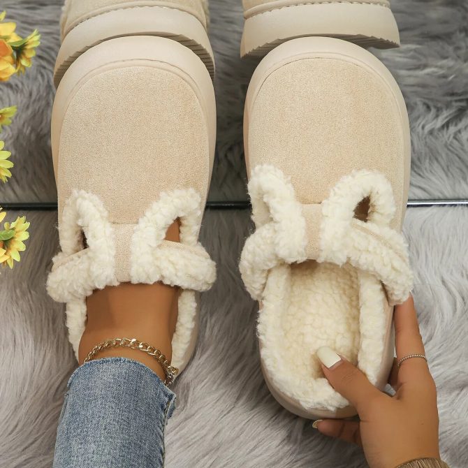 Keep Warm Lamb Wool Home Slippers Women Thicken Plush Platform Winter Shoes Woman Faux Suede Closed Toe Indoor Cotton Slippers